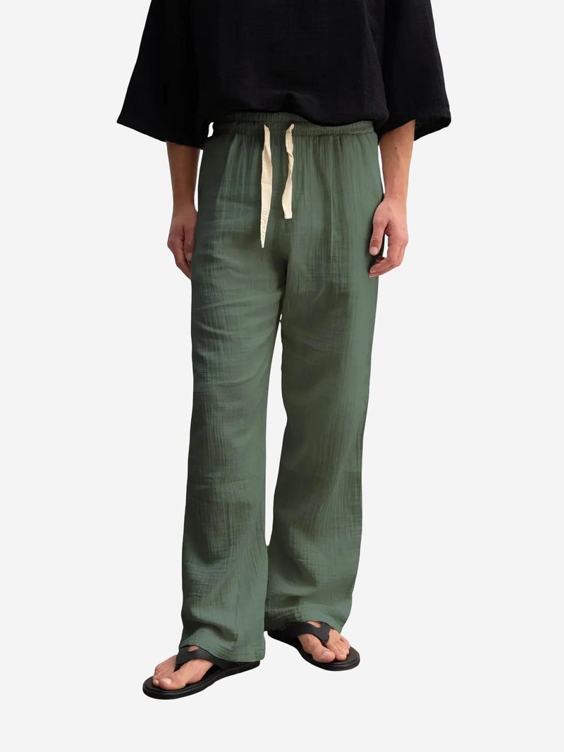 GIESTO Textured Cotton Drawstring Waist Straight Leg Pants - Image 1